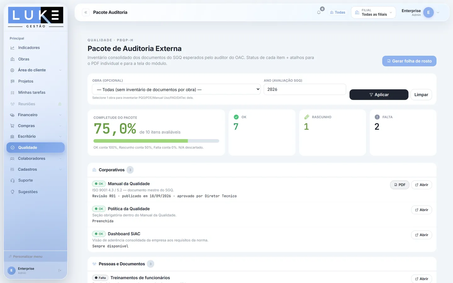 Preparação para a auditoria.
